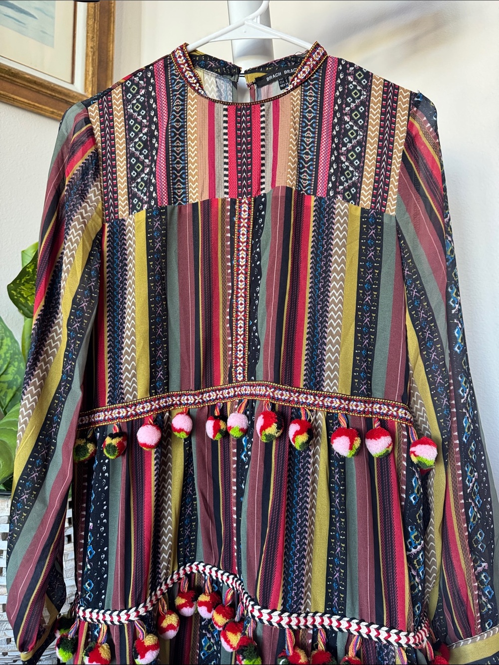 Brach Brach Pom Pom Embroidered Midi/Maxi Dress Sz S Long Sleeve colorful boho - Picture 3 of 12